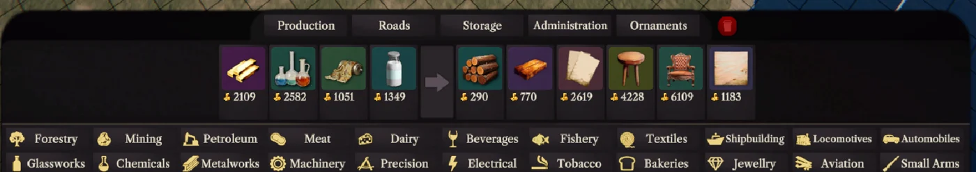 Construction menu listing industries from Forestry to Small Arms