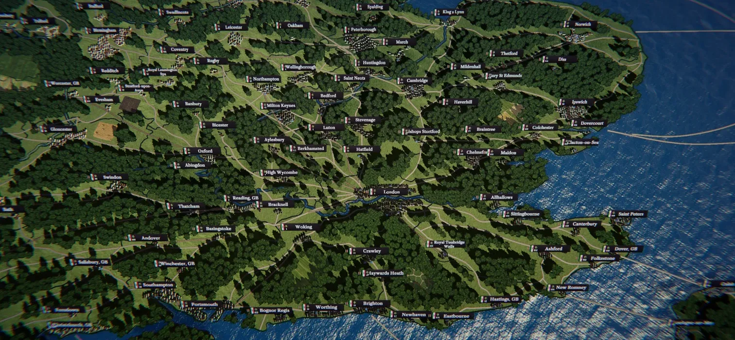 In-game map of southern England centred on London