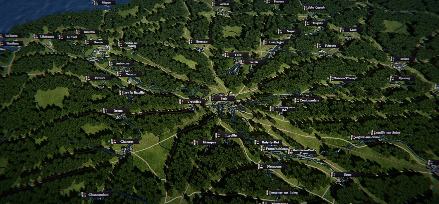 In-game map of northern France with roads converging on Paris