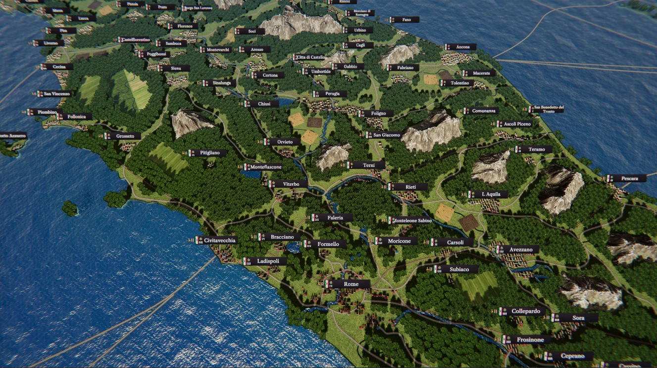 In-game map of central Italy from Florence to Rome